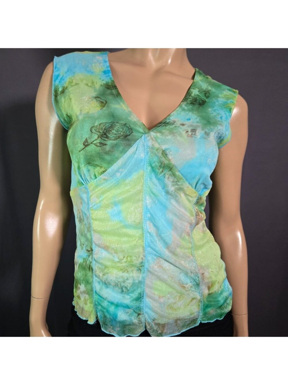 Y2K Blue Green Glitter Mesh Mermaid Swamp Fairy Sleeveless Ruched Top Size M